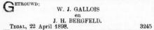 1898 Huwelijk Johanna Hermina Bergfeld en Willem Jacobus Gallois. 